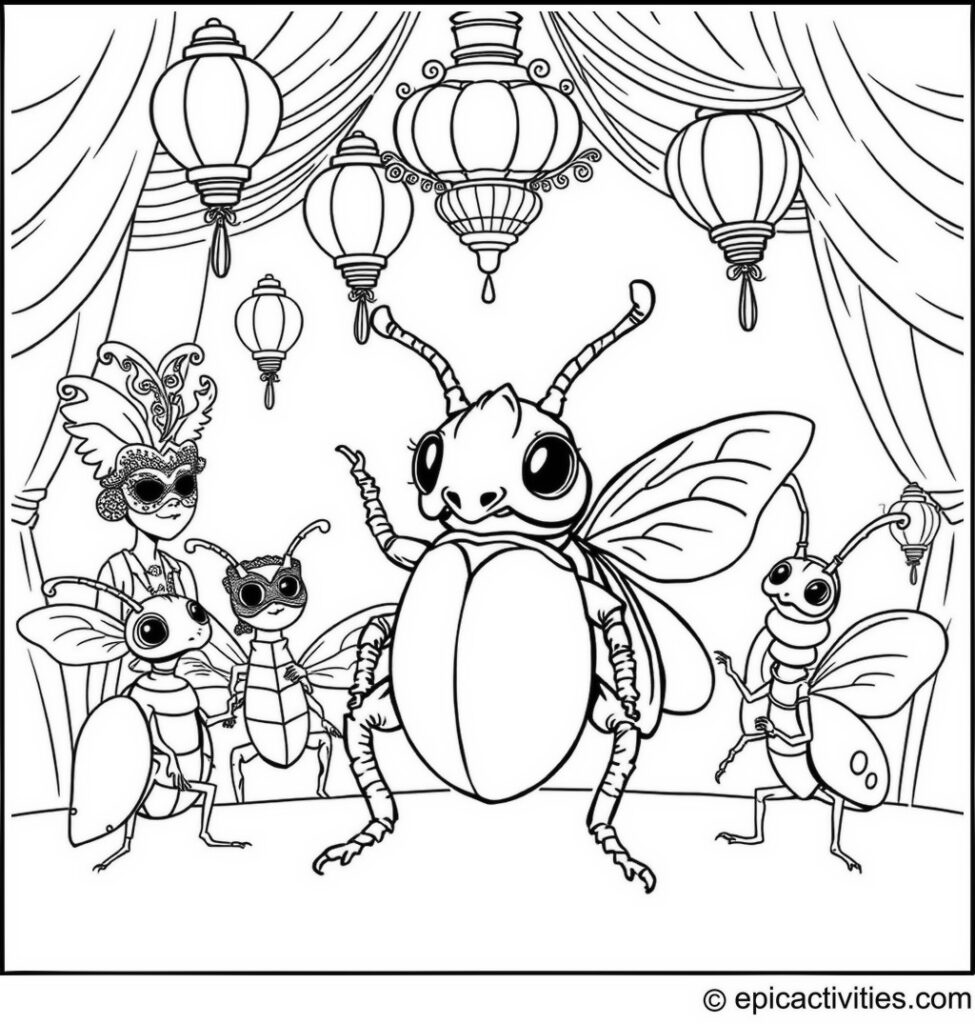 Coloring page of a Cute Beetle at a Grand Masquerade Ball with Other Insects