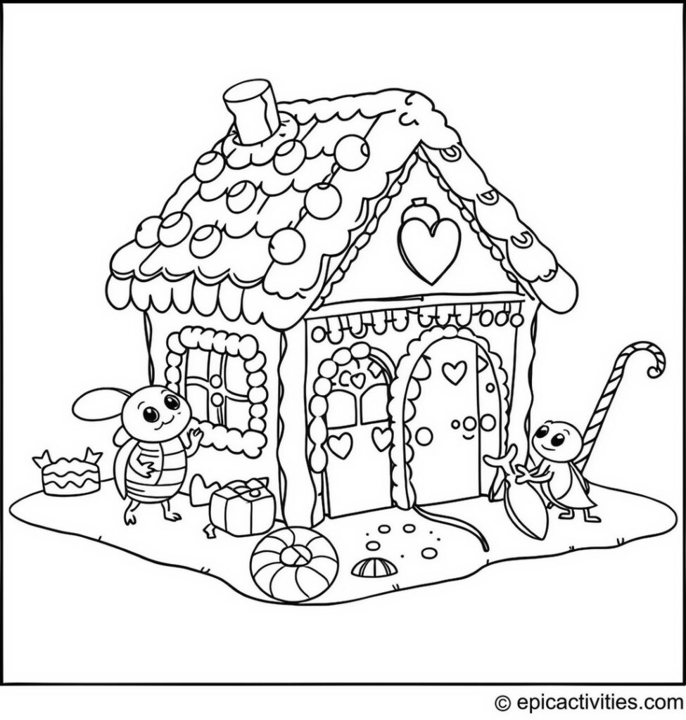 Coloring page of a cute beetle building a festive gingerbread house