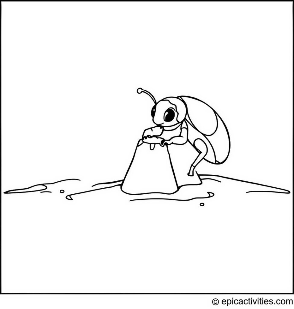 Coloring page of a Cute Beetle Building a Sandcastle at a Tiny Beach