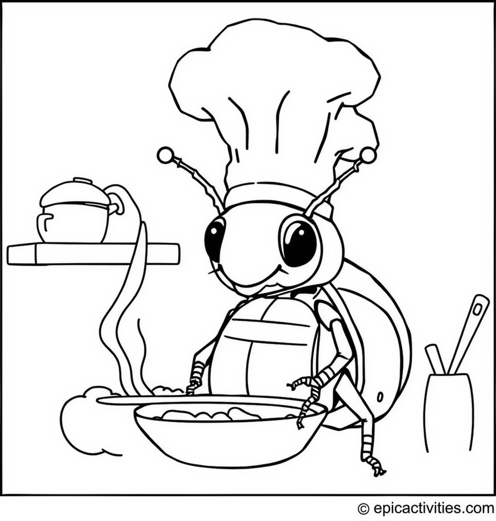 Coloring page of a Cute Beetle Chef Cooking in a Tiny Kitchen