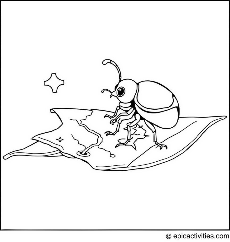 Coloring page of a Cute Beetle Drawing a Treasure Map on a Leaf