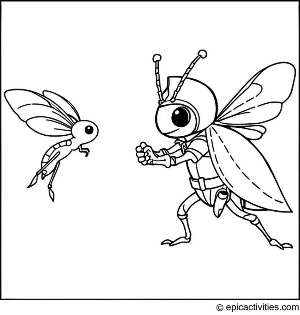 Coloring page of a Cute Beetle Dressed as a Knight Fighting a Tiny Dragonfly