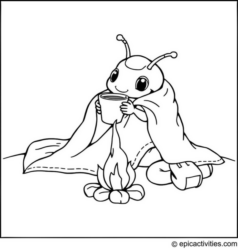 Coloring page of a Cute Beetle Enjoying Hot Cocoa by a Campfire