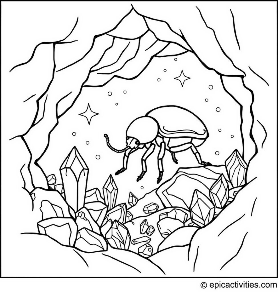 Coloring page of a Cute Beetle Exploring a Cave Filled with Sparkling Gems and Crystals