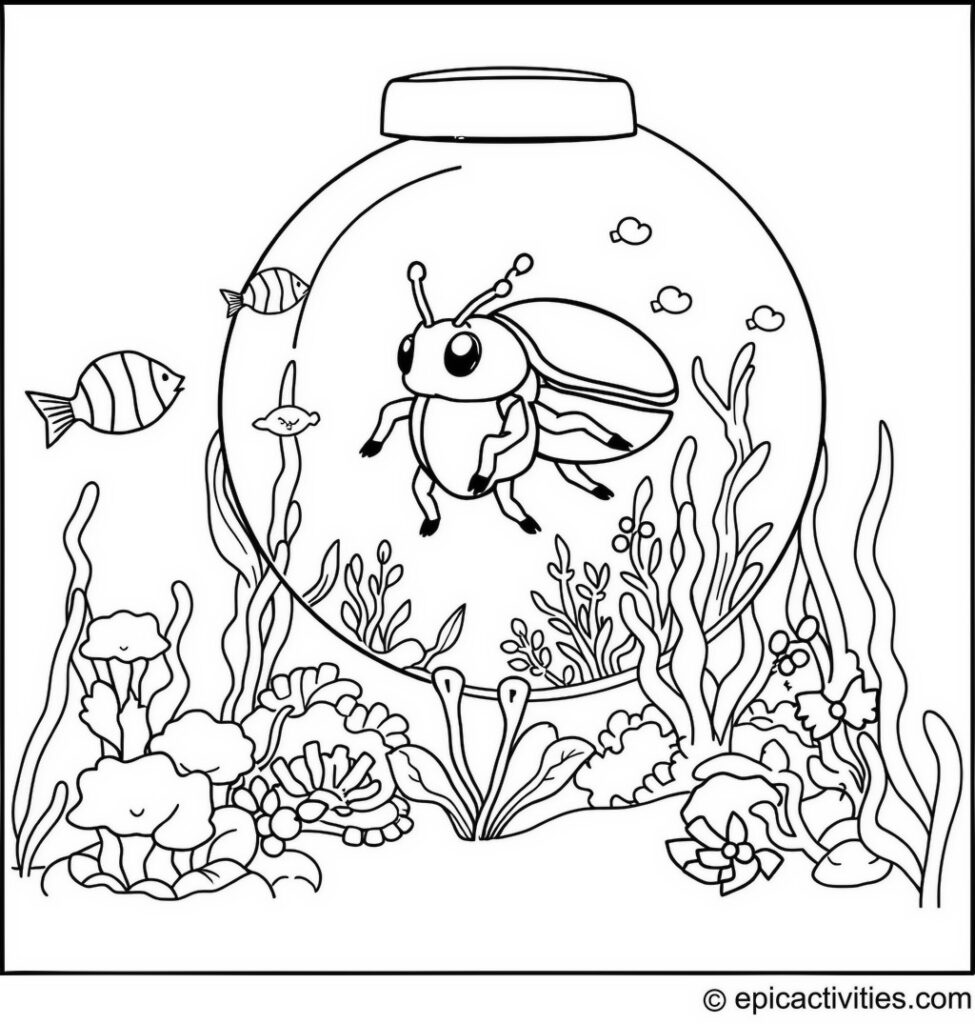 Coloring page of a Cute Beetle Exploring Underwater World in a Bubble Submersible