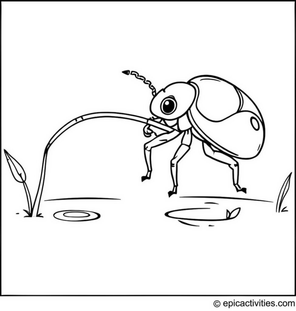 Coloring page of A Cute Beetle Fishing in a Small Pond
