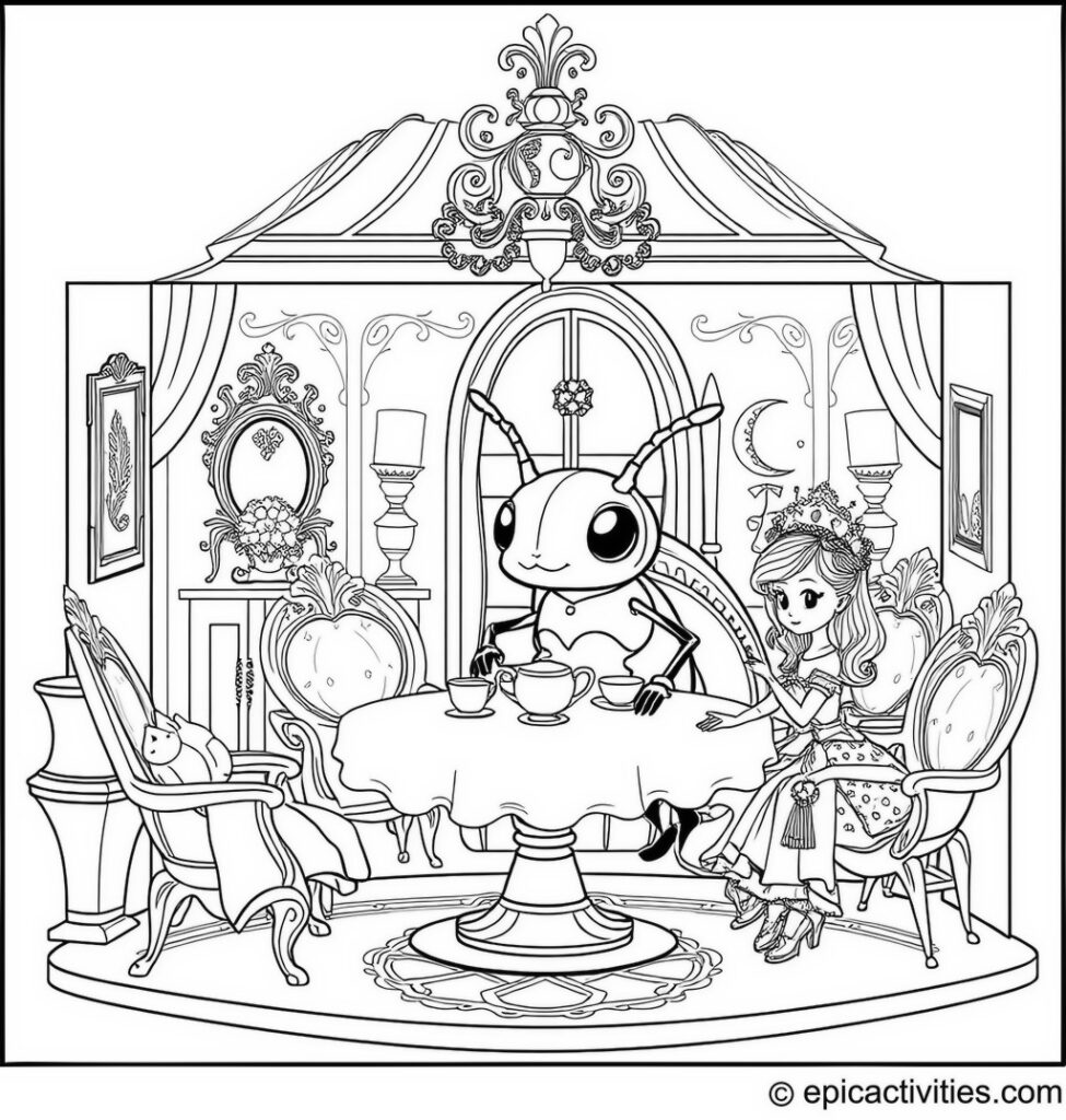 Coloring page of a Cute Beetle Hosting a Royal Tea Party in a Detailed Dollhouse Setting
