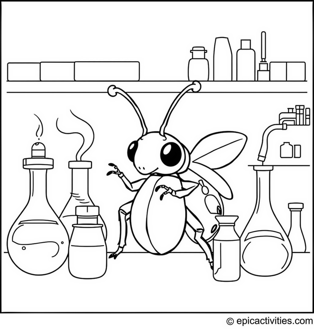 Coloring page of a Cute Beetle in a Busy Science Laboratory with Colorful Chemical Reactions