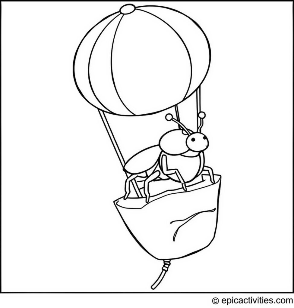 Coloring page of a cute beetle in a hot air balloon made of a leaf