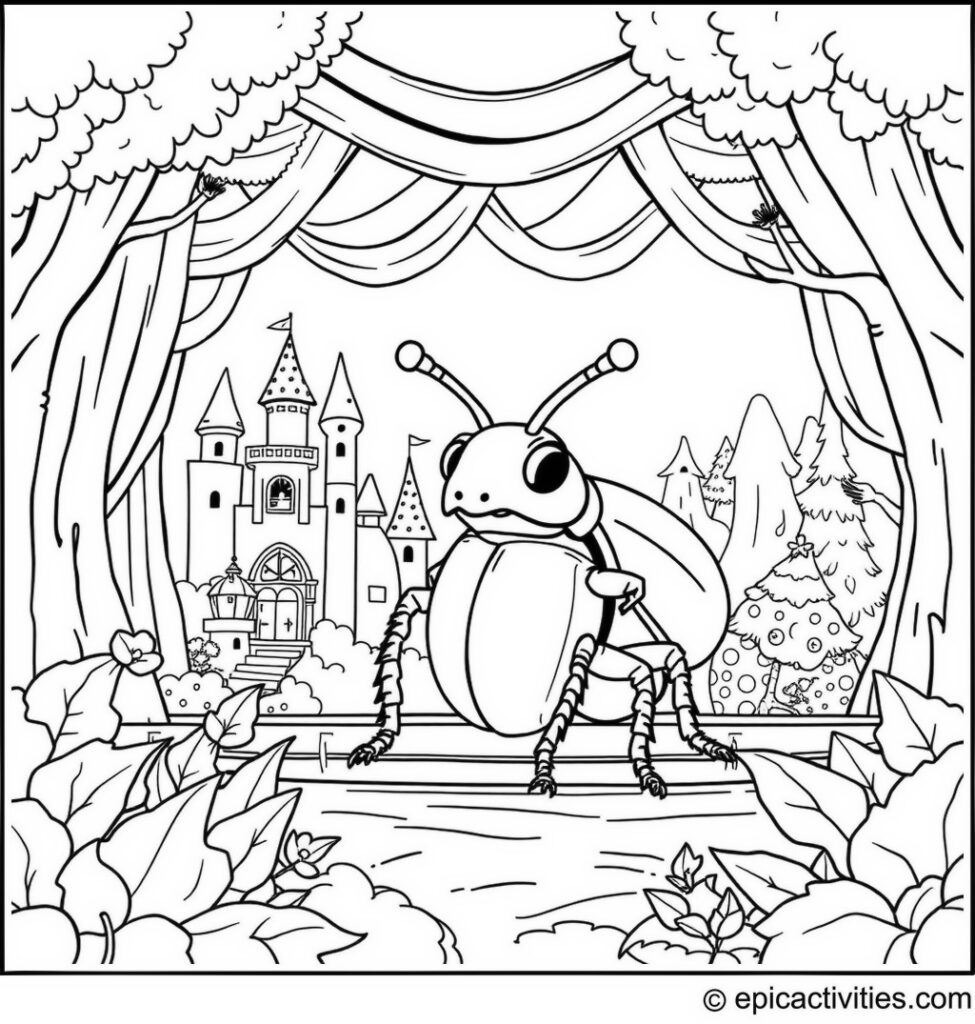 Coloring page of a Cute Beetle in a Theatrical Play Set in a Fairy-Tale Setting