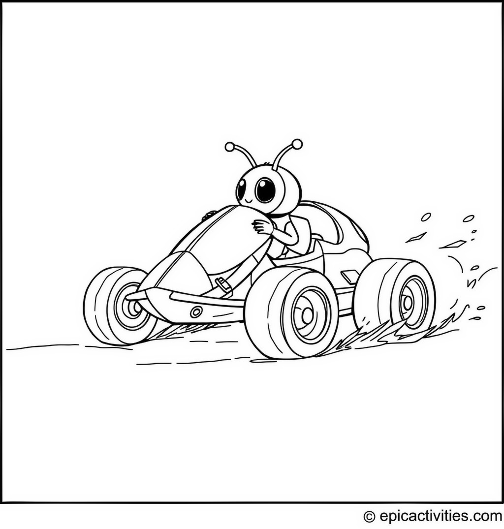 Coloring page of a cute beetle in a tiny racecar