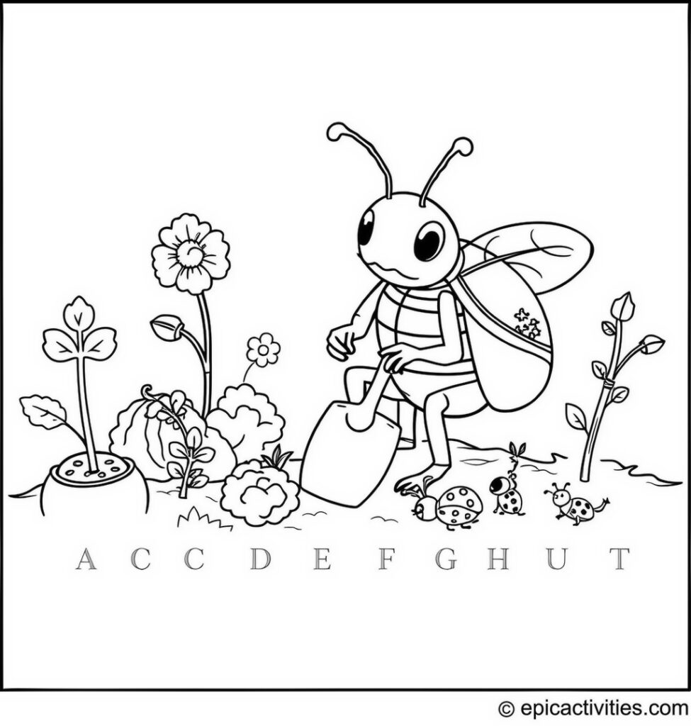 Coloring page of a Cute Beetle in a Vegetable Garden