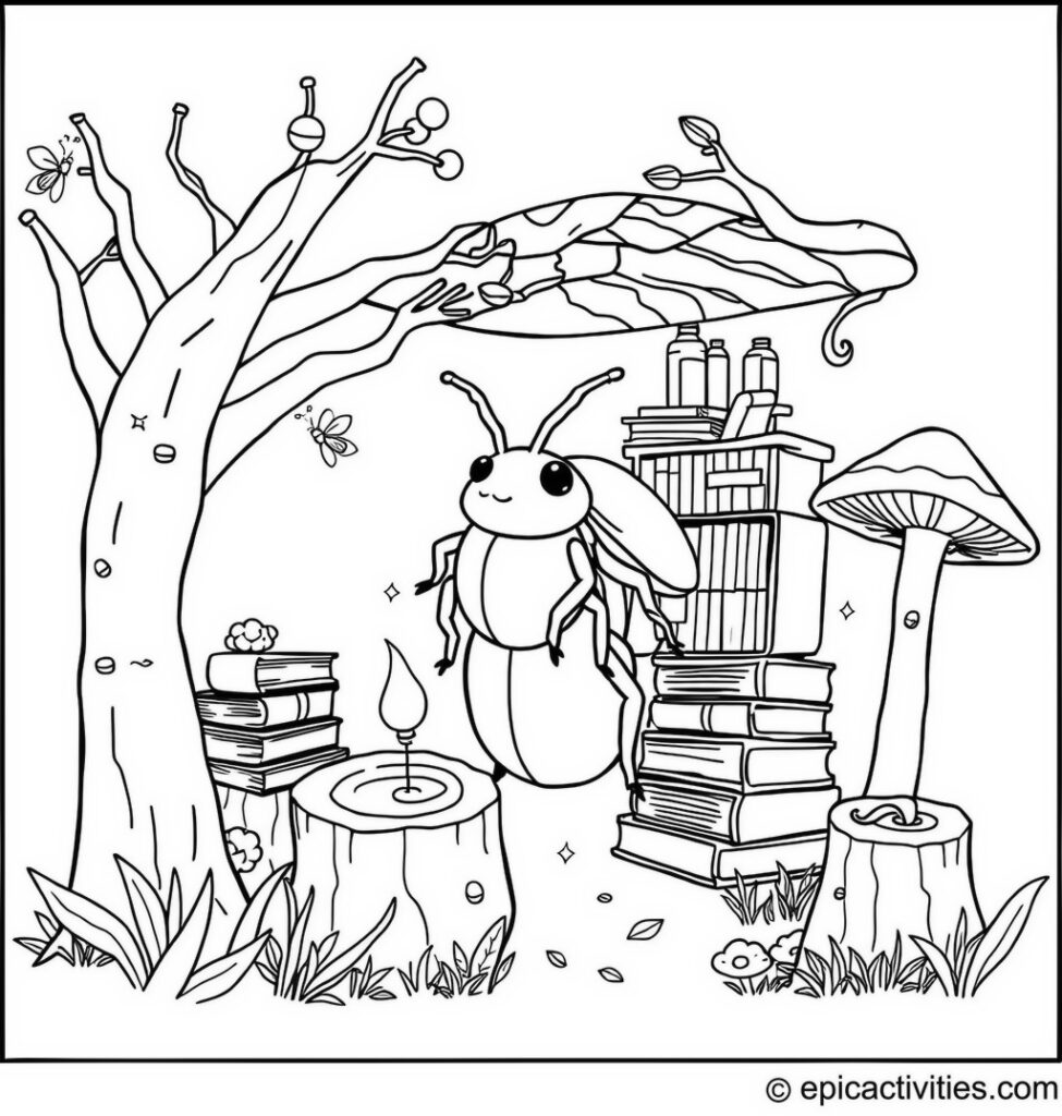 Coloring page of a cute beetle in a whimsical library