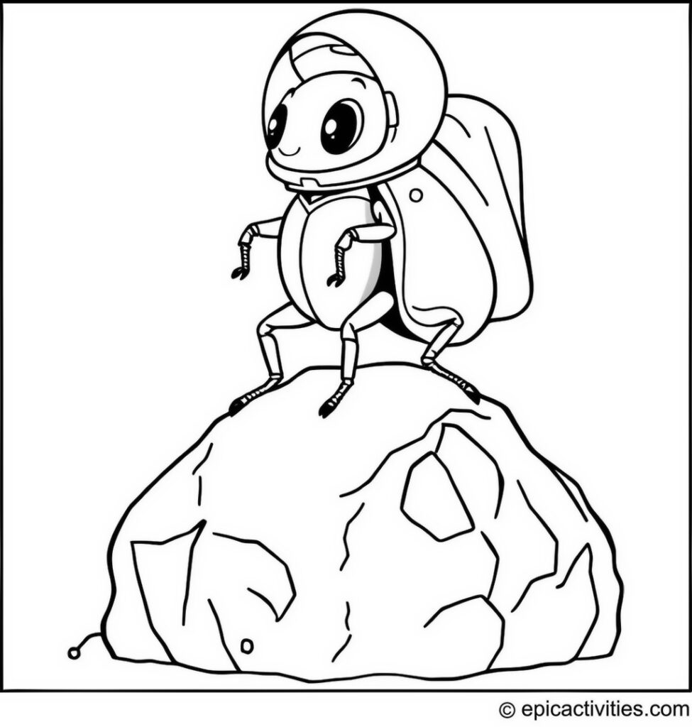 Coloring page of a cute beetle in astronaut gear on the moon