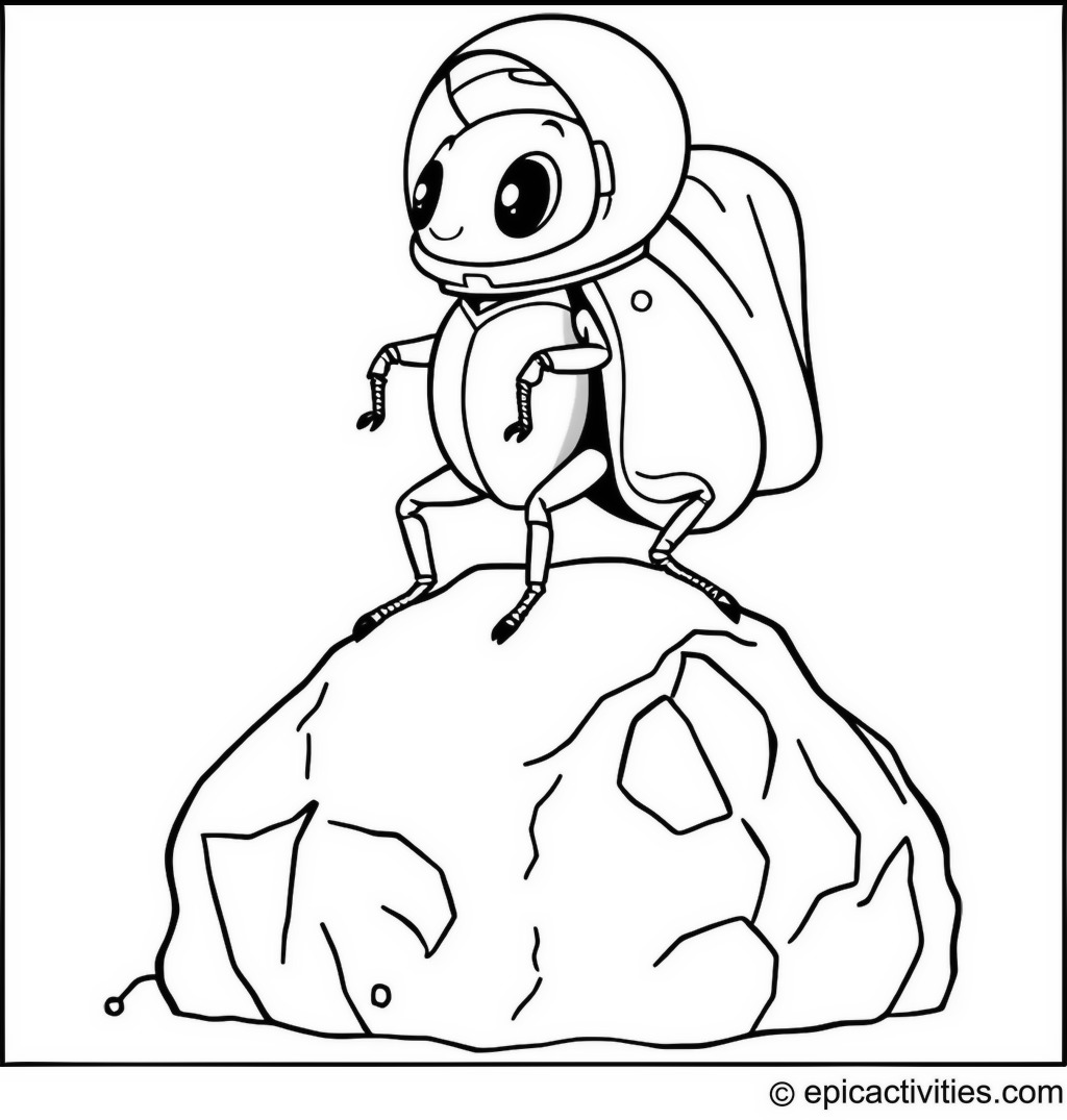 Coloring page of a cute beetle in astronaut gear on the moon