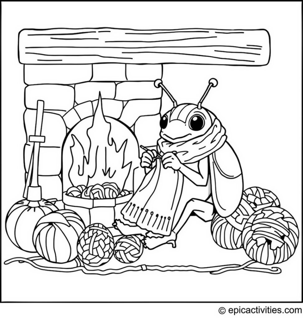 Coloring page of a Cute Beetle Knitting a Detailed Cozy Scarf