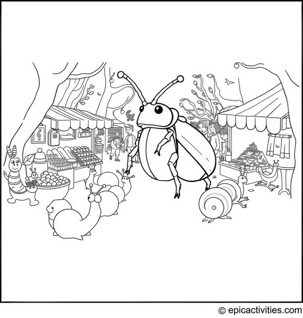 Coloring page of a cute beetle leading a parade of caterpillars and snails through a miniature market