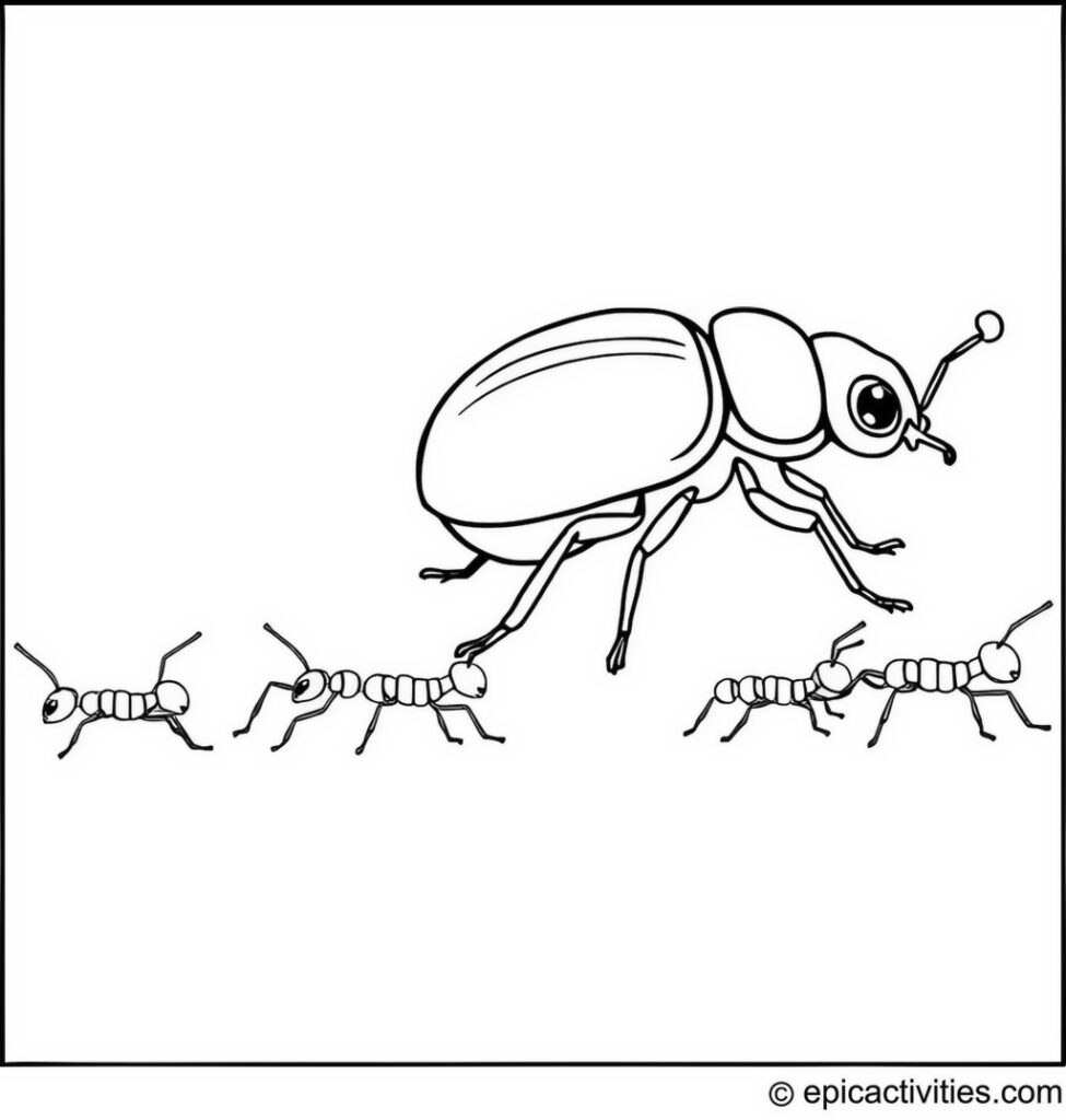 Coloring page of a Cute Beetle Leading a Parade of Ants, Simple and Minimalist