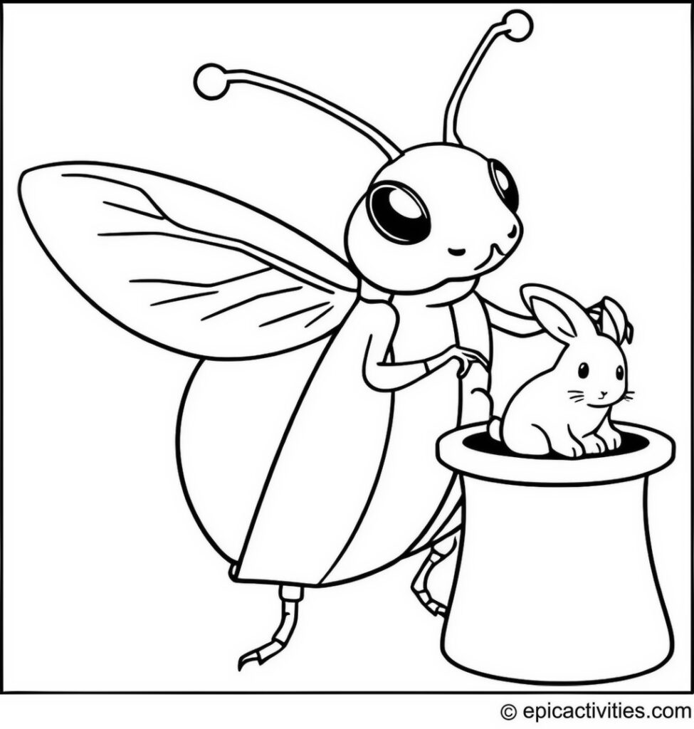 Coloring page of a Cute Beetle Magician with a Tiny Rabbit
