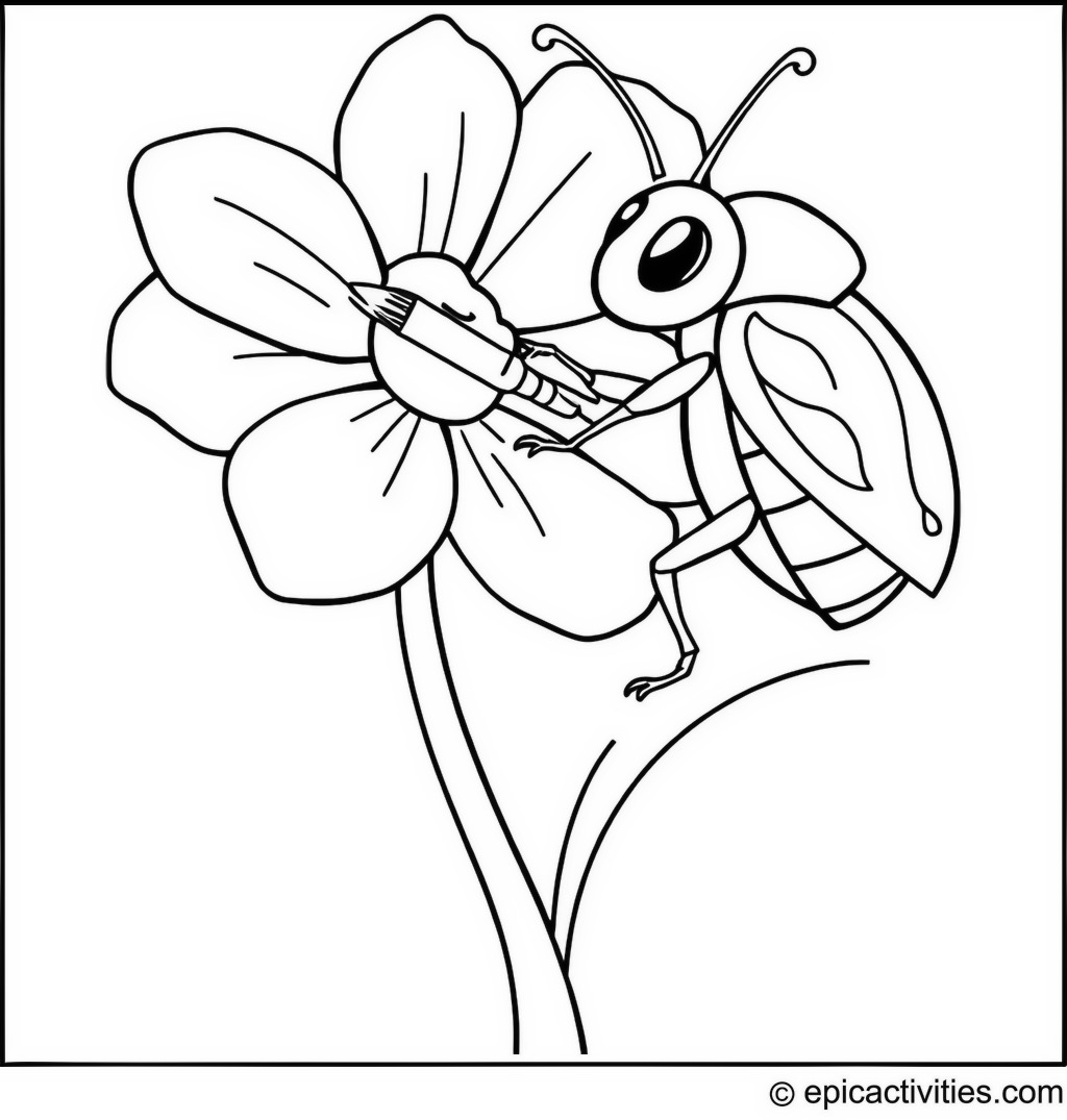 Coloring page of a cute beetle painting a big flower petal