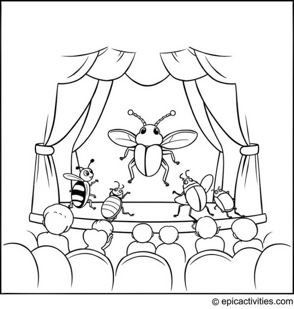 Coloring page of a Cute Beetle Performing a Play in a Small Theater for Other Insects