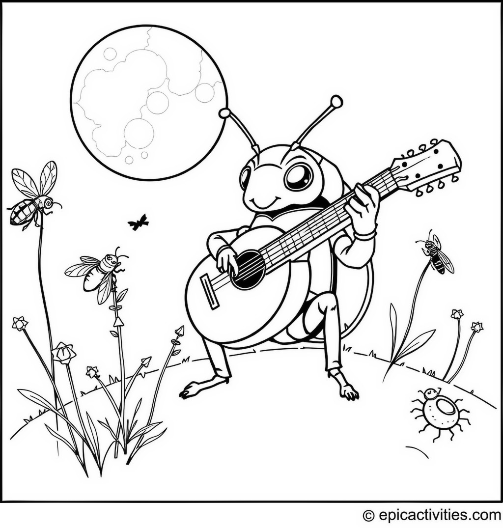 Coloring page of a Cute Beetle Playing a Tiny Guitar Under the Moonlight