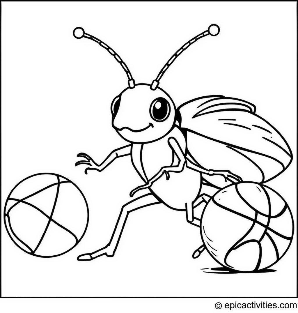 Coloring page of a cute beetle playing basketball with a walnut