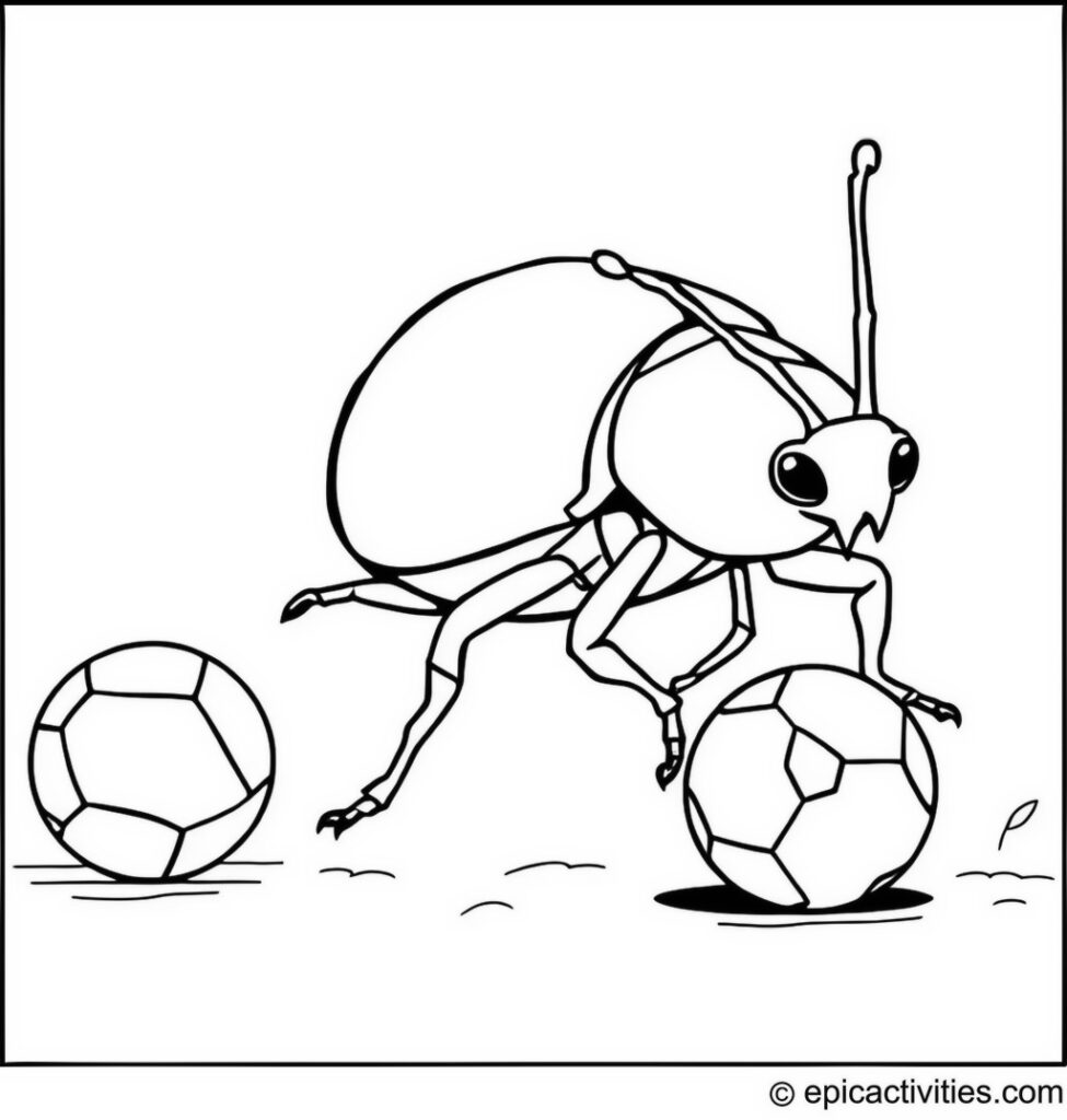Coloring page of a cute beetle playing soccer with a small pebble