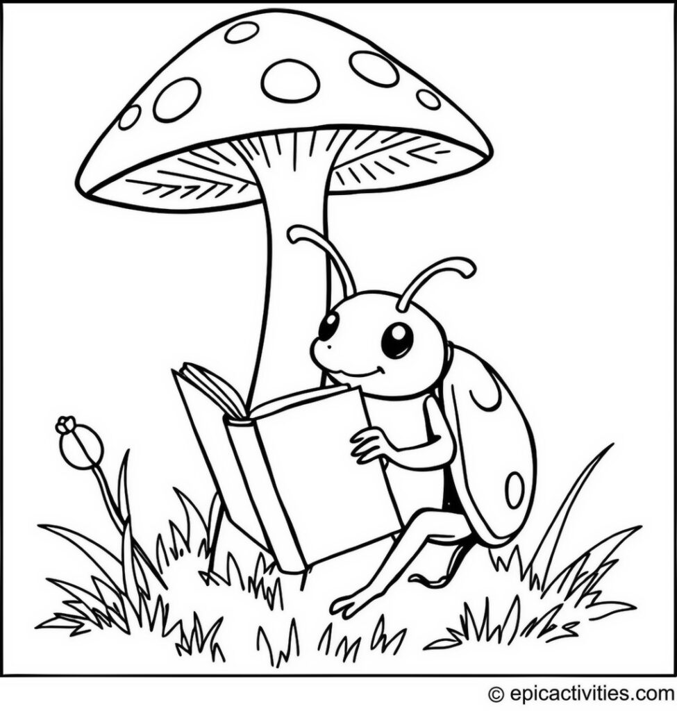 Coloring page of a cute beetle reading a tiny book under a toadstool
