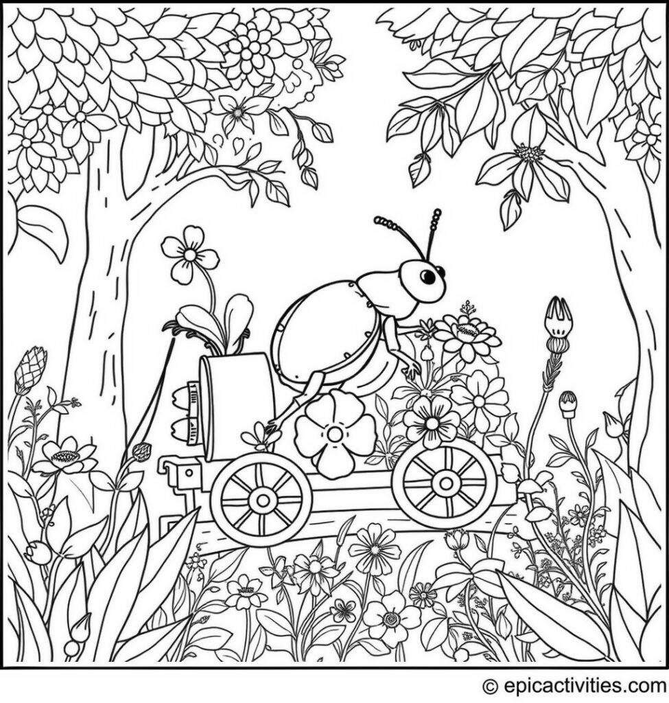 Coloring page of a Cute Beetle Riding in a Fantasy Train through a Magical Forest