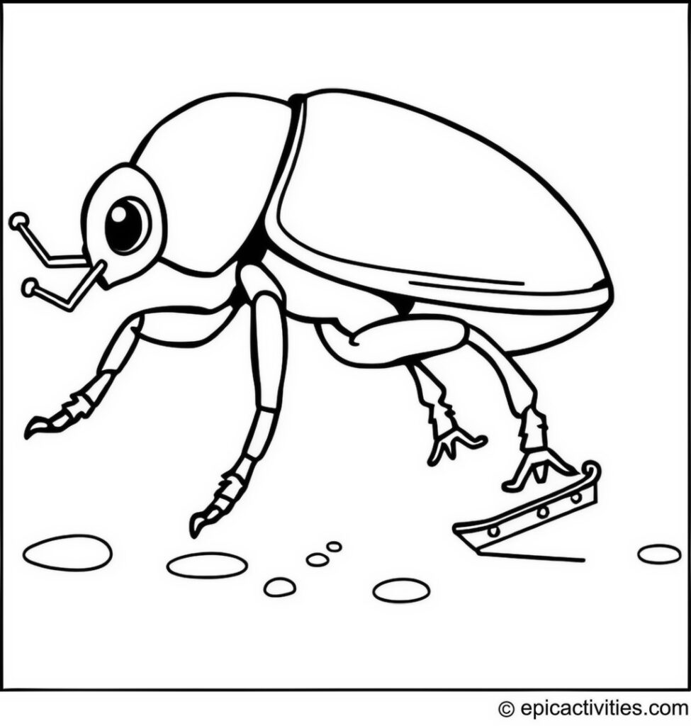 Coloring page of a Cute Beetle Rollerskating on Dew Drops