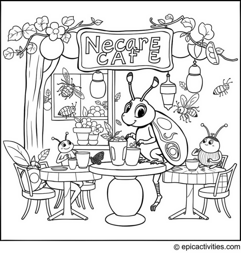 Coloring page of a Cute Beetle Running a Bustling Café