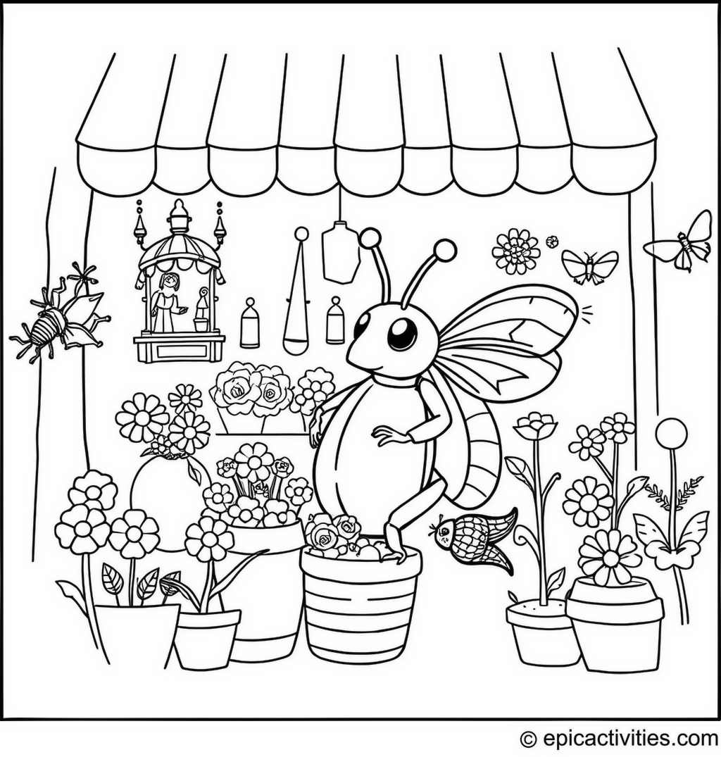 Coloring page of a cute beetle running a flower shop in an insect market