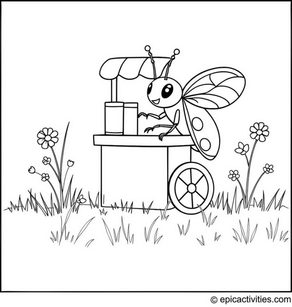 Coloring page of a cute beetle running a lemonade stand in a tiny meadow