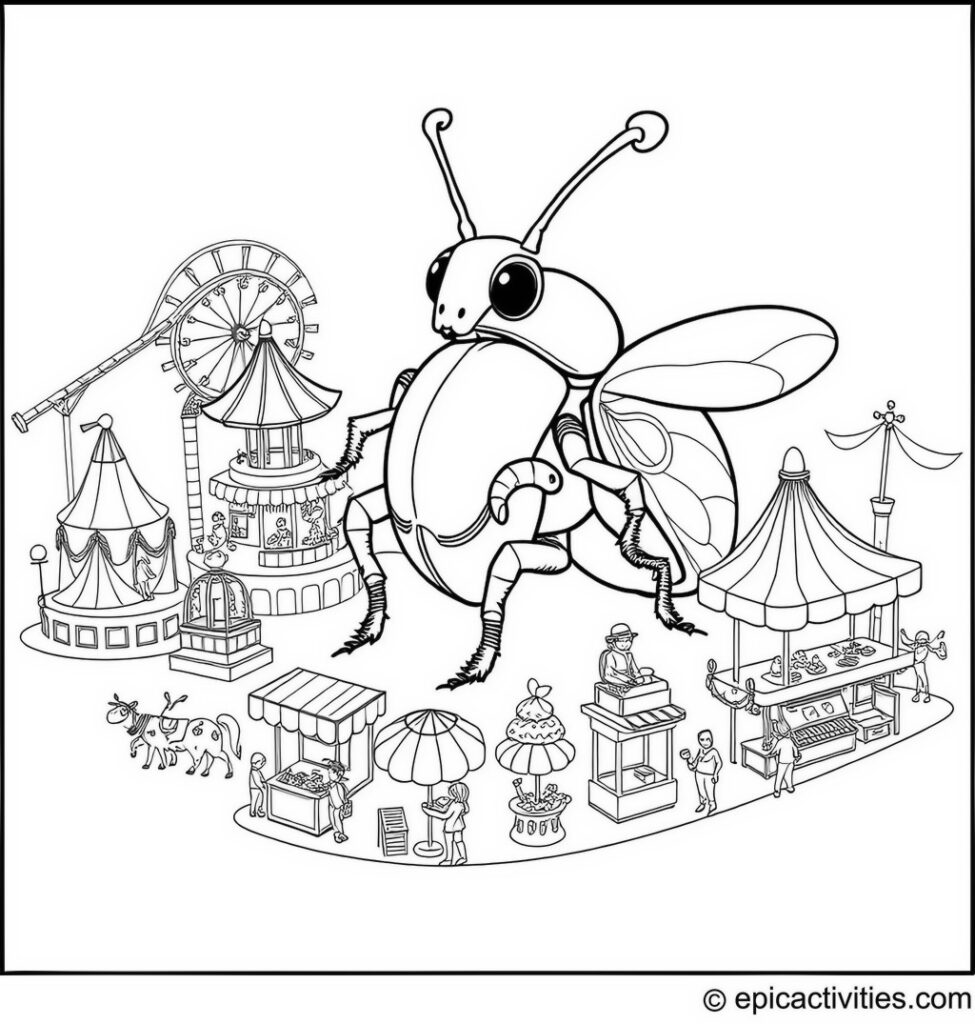 Coloring page of a cute beetle running an insect carnival