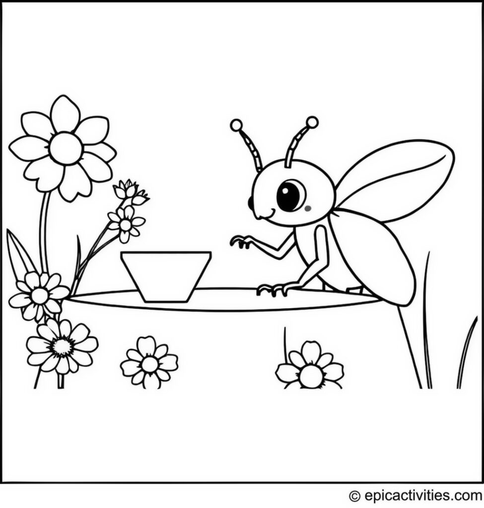 Coloring page of a Cute Beetle Setting a Table for a Tea Party with Flowers