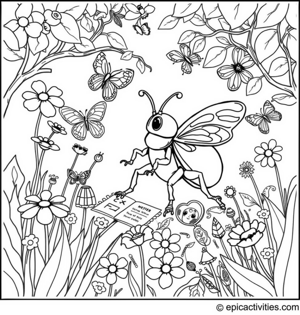 Coloring page of a Cute Beetle Setting up a Mystery Scavenger Hunt in a Butterfly Garden