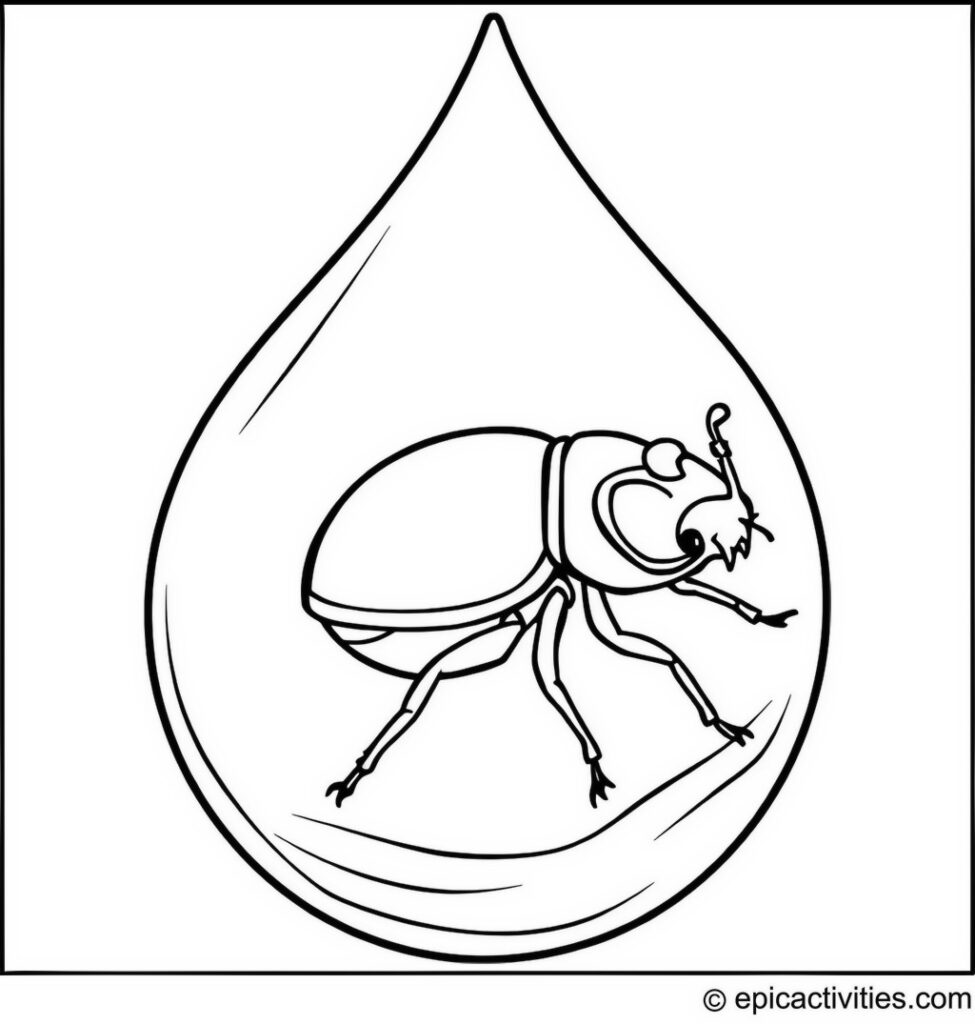 Coloring page of a cute beetle snorkeling in a droplet of water