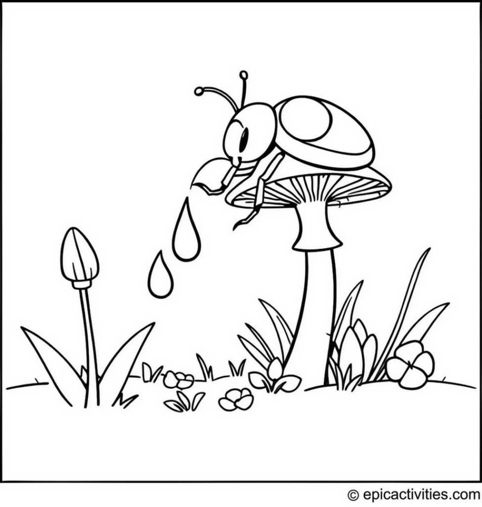 Coloring page of a Cute Beetle Watering a Mushroom Garden