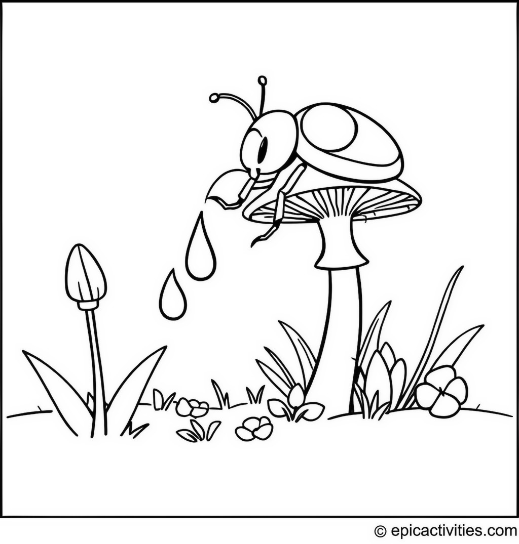 Coloring page of a Cute Beetle Watering a Mushroom Garden