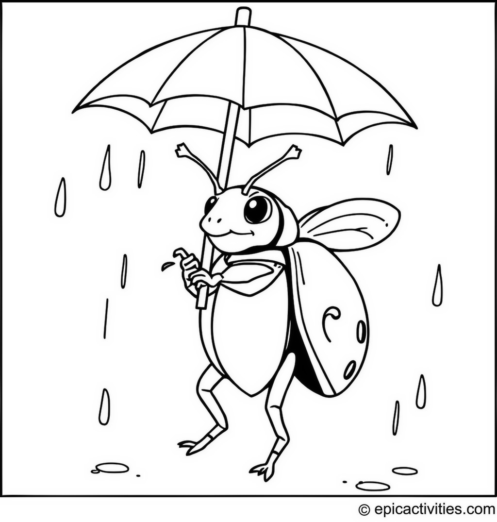 Coloring page of a cute beetle with mini umbrella dancing in the rain