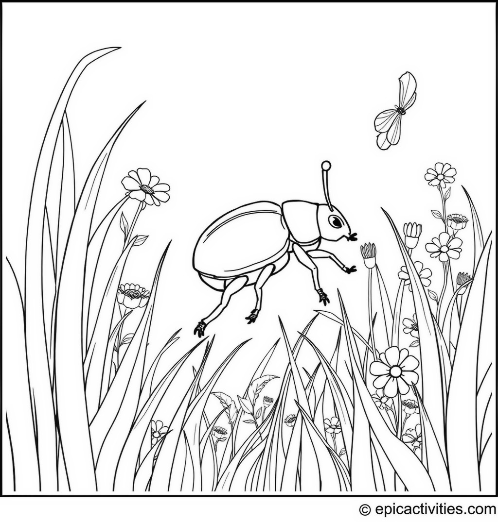 Coloring page of a cute beetle’s adventurous jungle journey