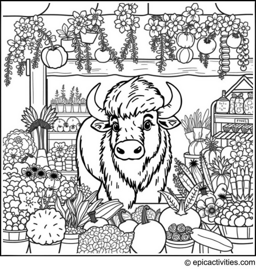 Coloring page of a Cute Bison at a Detailed Farmer’s Market