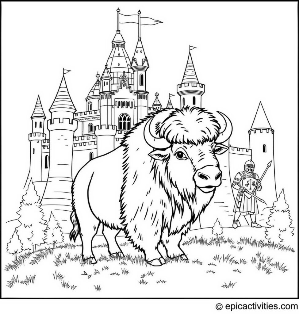 Coloring page of a cute bison at a detailed medieval castle with knights and ladies