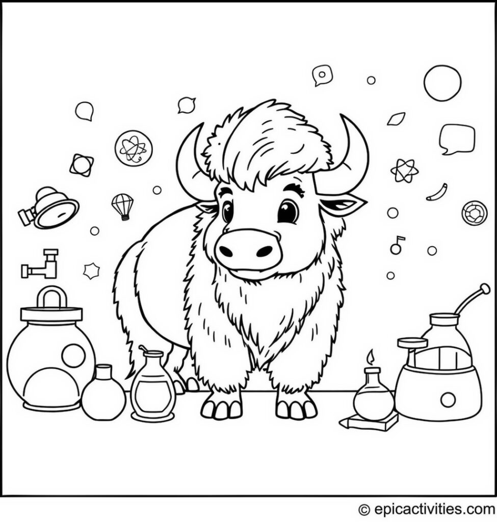 Coloring page of a cute bison at a detailed science fair