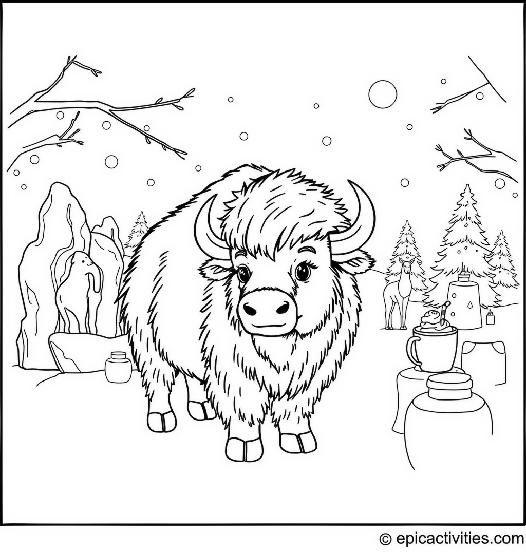 Coloring page of a cute bison at a detailed winter festival with ice sculptures and hot cocoa