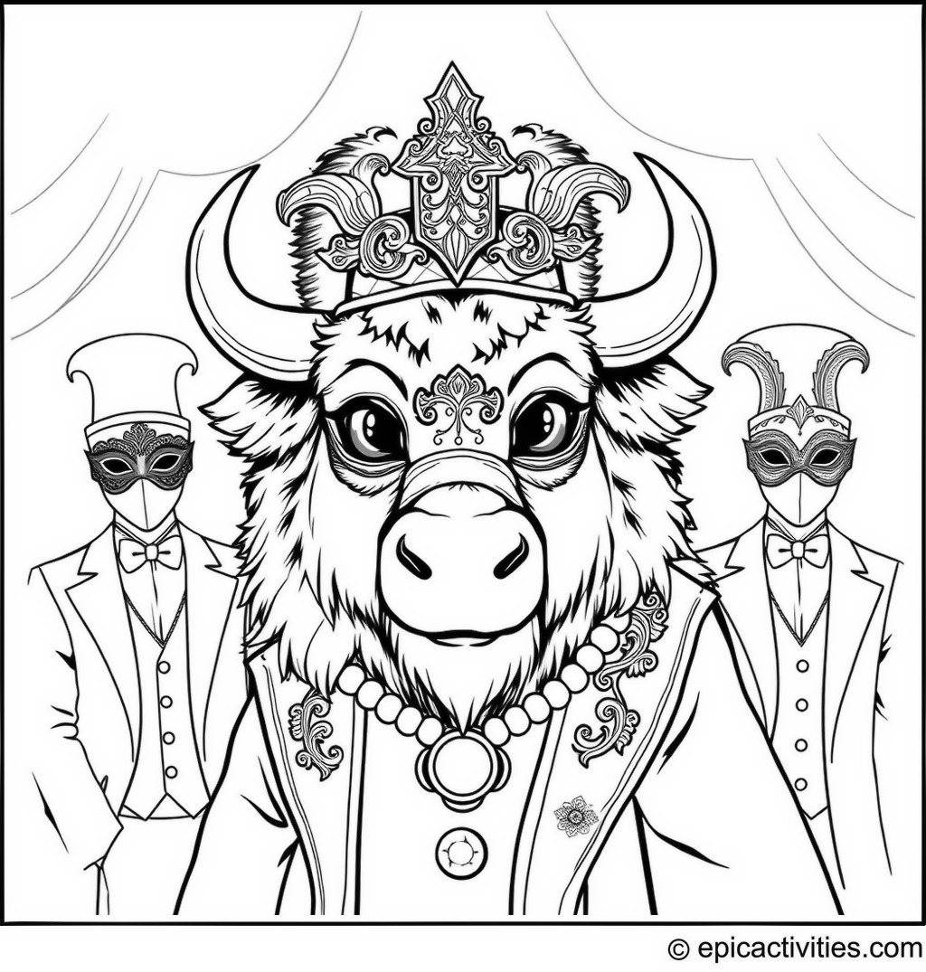 Coloring page of a Cute Bison at a Masquerade Ball
