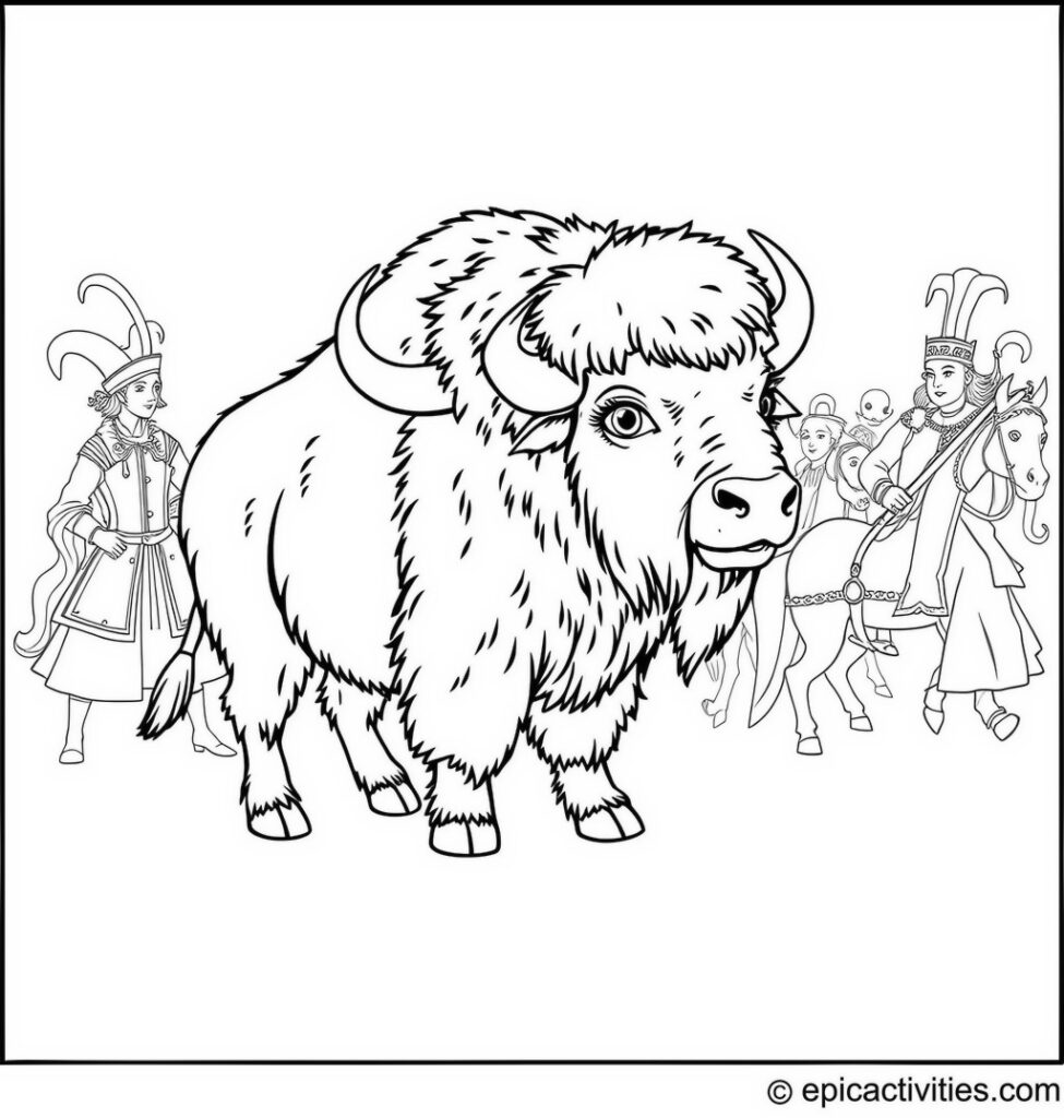 Coloring page of a Cute Bison at a Renaissance Fair