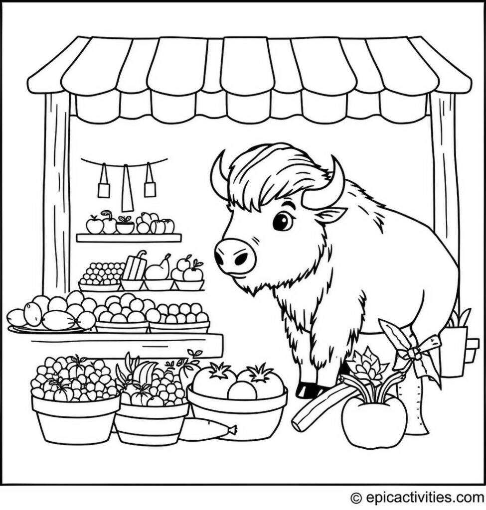 Coloring page of a Cute Bison at the Farmers Market
