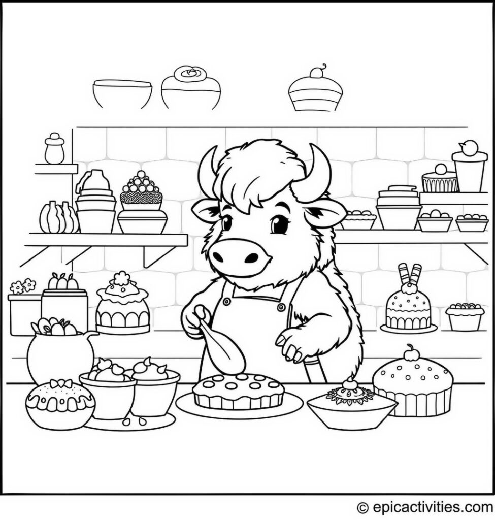 Coloring page of a Cute Bison Baking in a Kitchen Full of Treats
